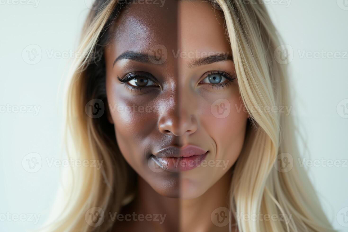 close up of woman person face with different color of skin white and black photo