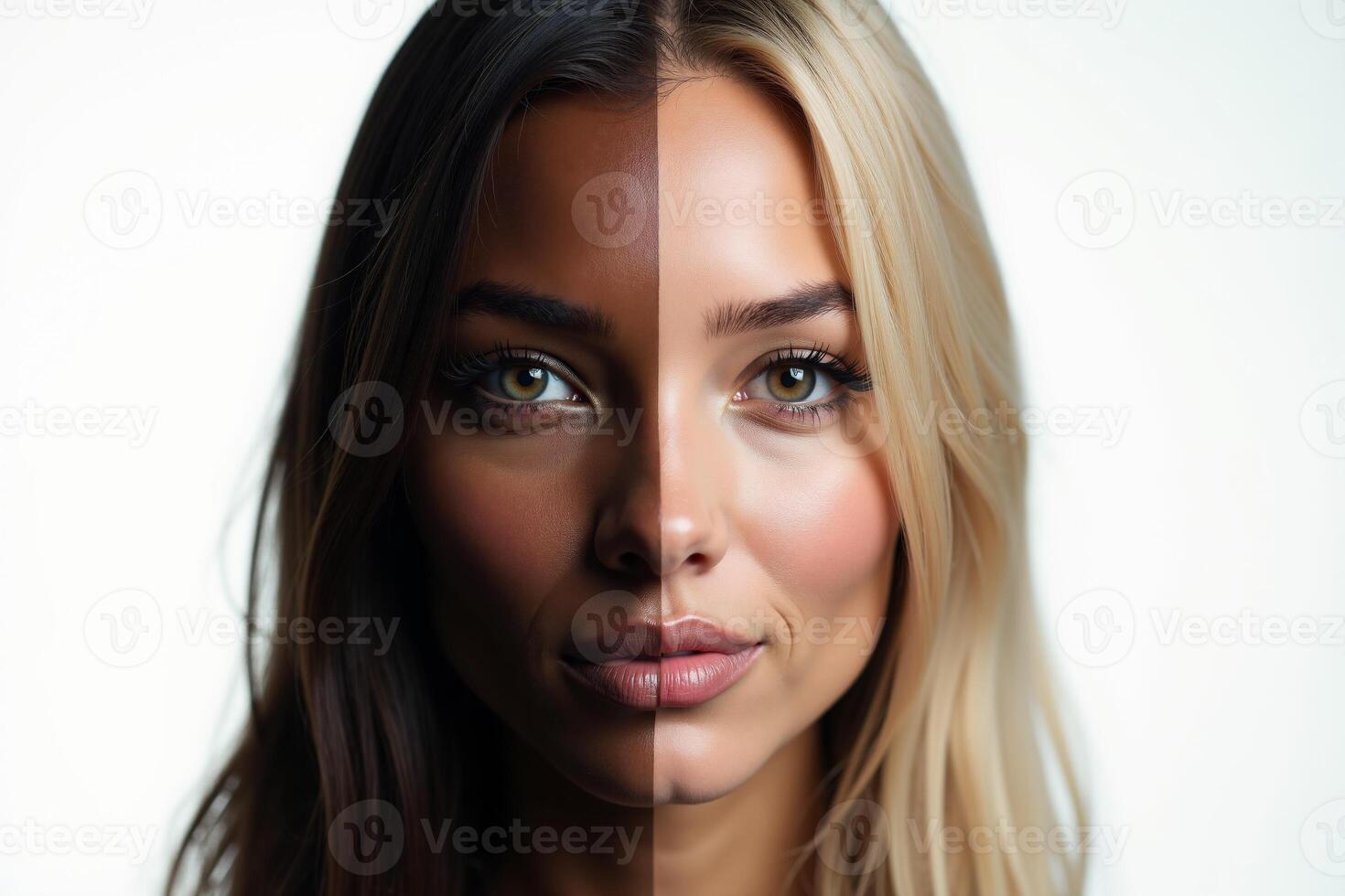 close up of woman person face with different color of skin white and black photo