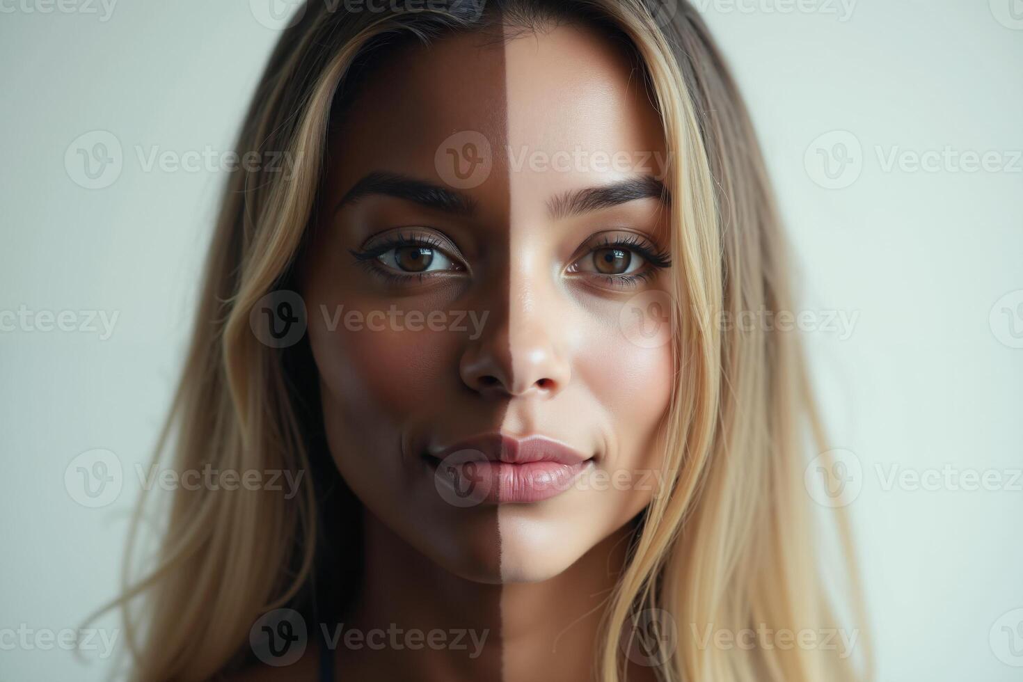 close up of woman person face with different color of skin white and black photo