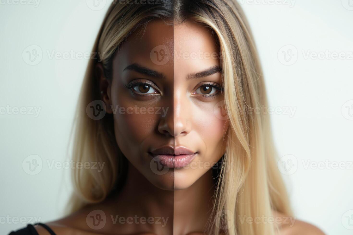 close up of woman person face with different color of skin white and black photo