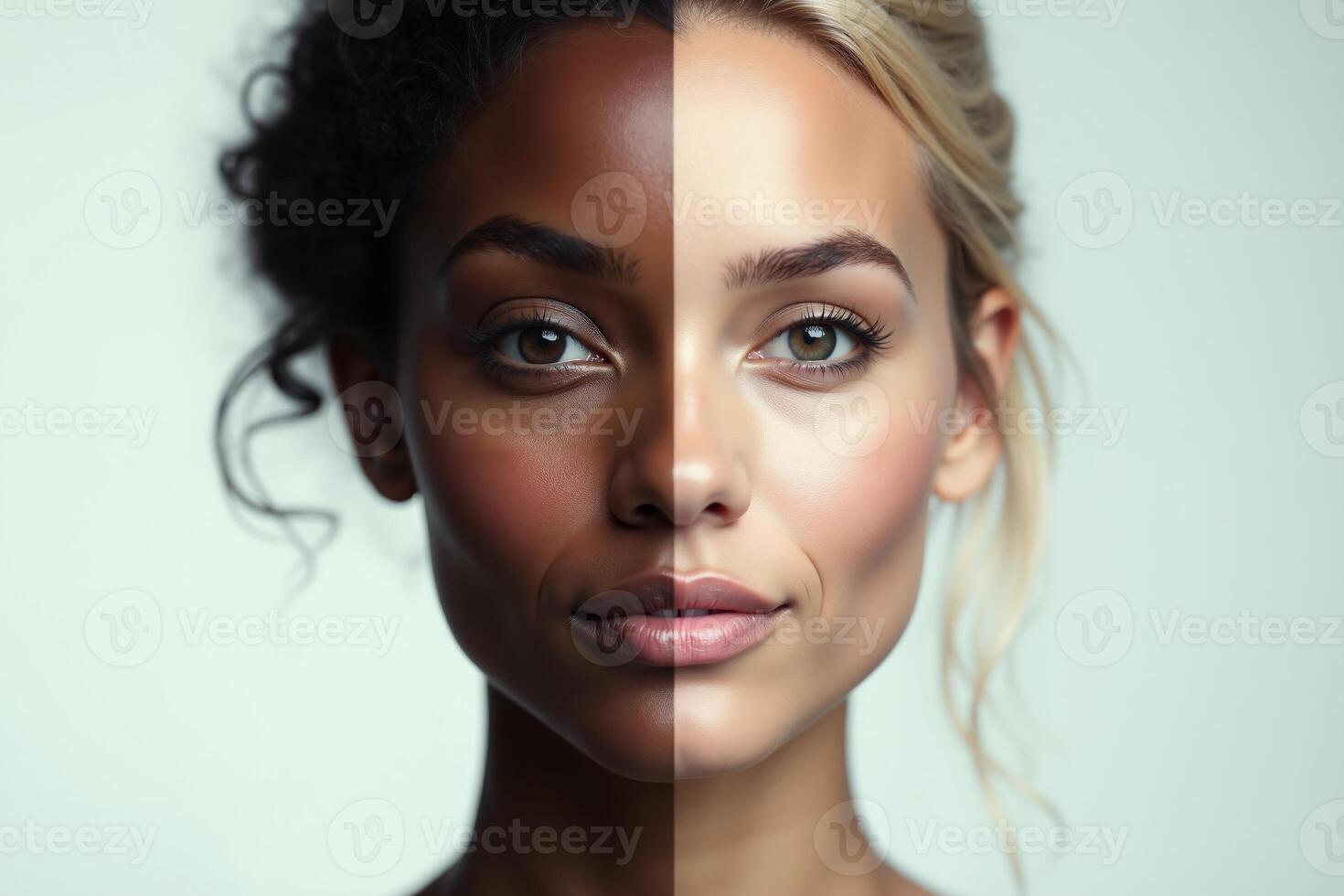 close up of woman person face with different color of skin white and black photo