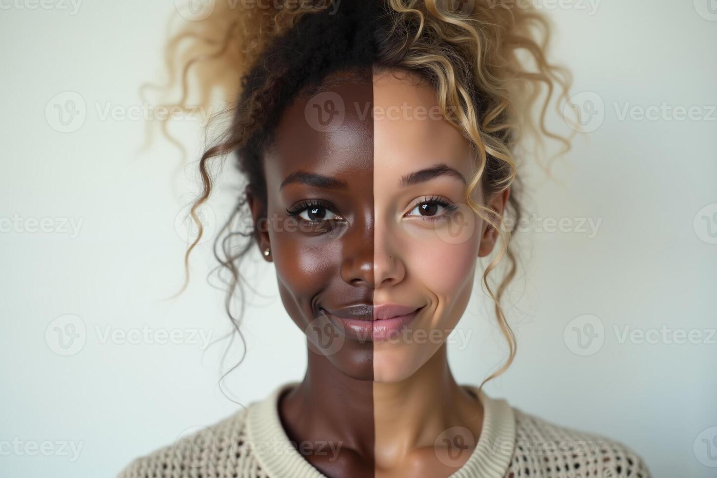 close up of woman person face with different color of skin white and black photo