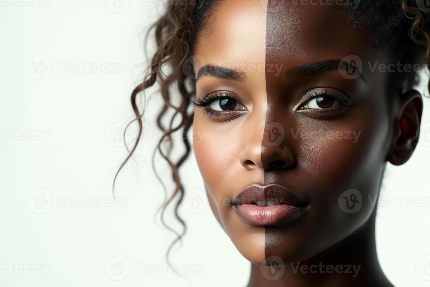 close up of woman person face with different color of skin white and black photo