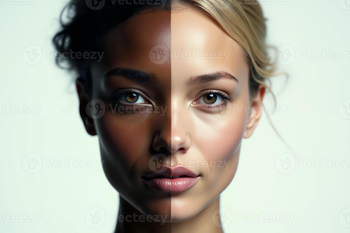 close up of woman person face with different color of skin white and black photo