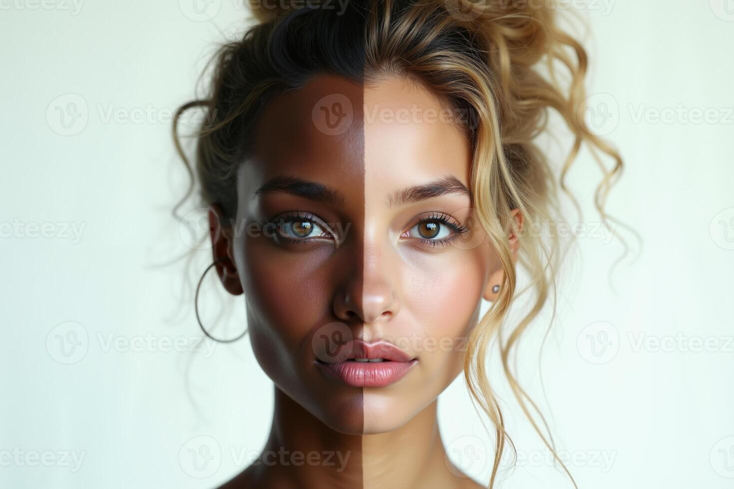close up of woman person face with different color of skin white and black photo