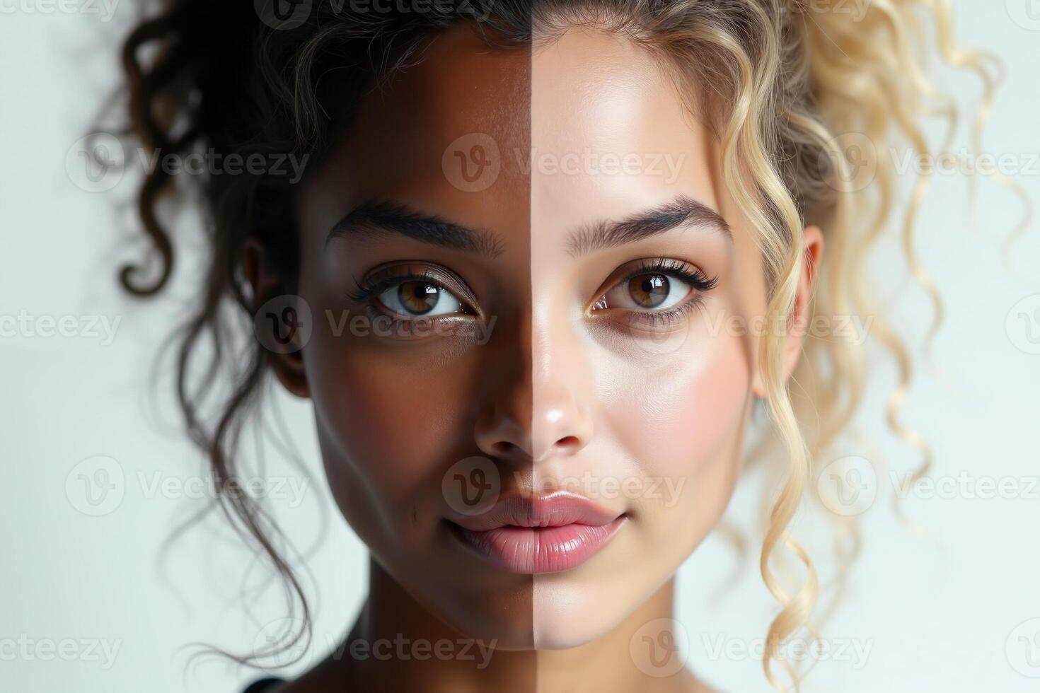 close up of woman person face with different color of skin white and black photo