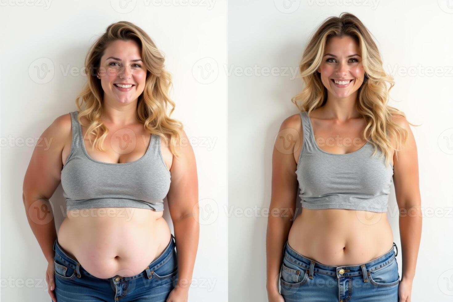 before and after skinny and fat chubby woman on white background photo