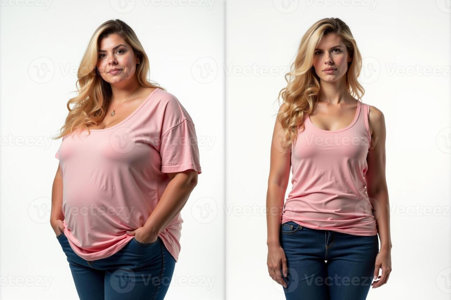 before and after skinny and fat chubby woman on white background photo