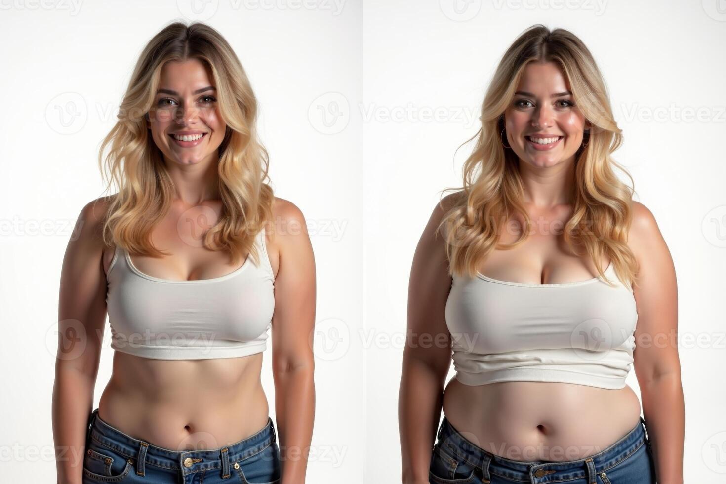before and after skinny and fat chubby woman on white background photo