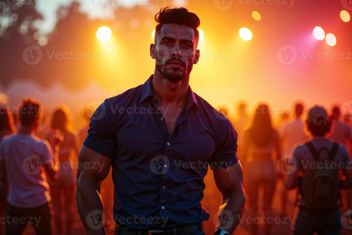 person standing in concert festival at night with light in stage photo