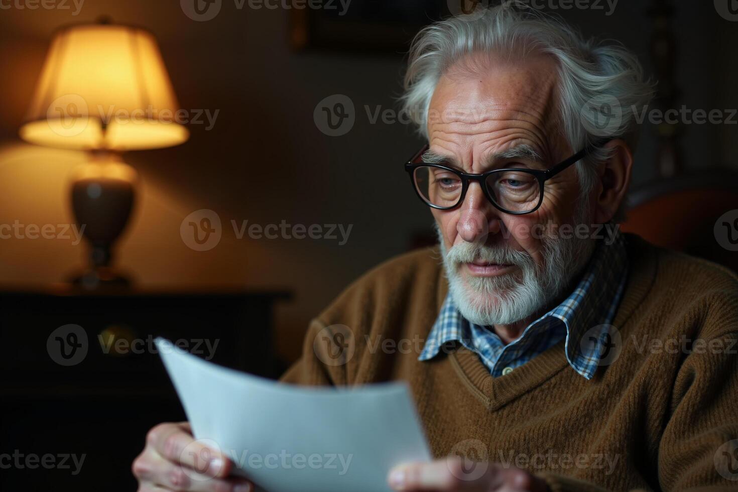 elder person holding paper with curious mood at room photo