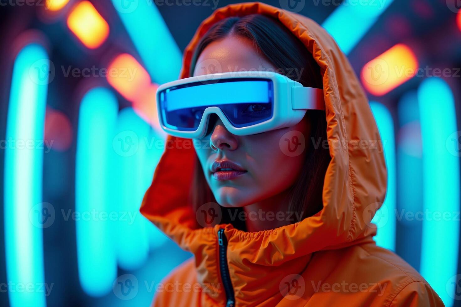 futuristic person with glasses and coat with neon light in background photo