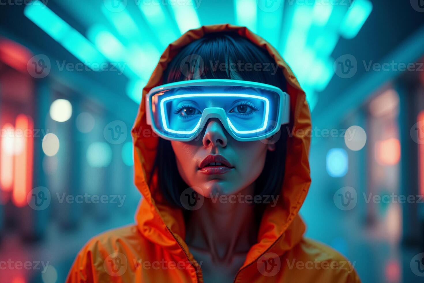 futuristic person with glasses and coat with neon light in background photo