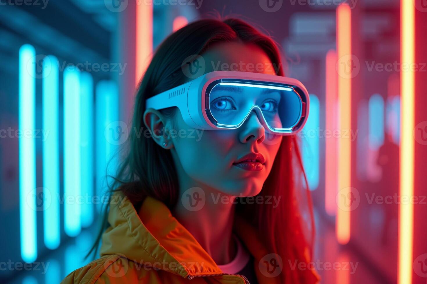 futuristic person with glasses and coat with neon light in background photo