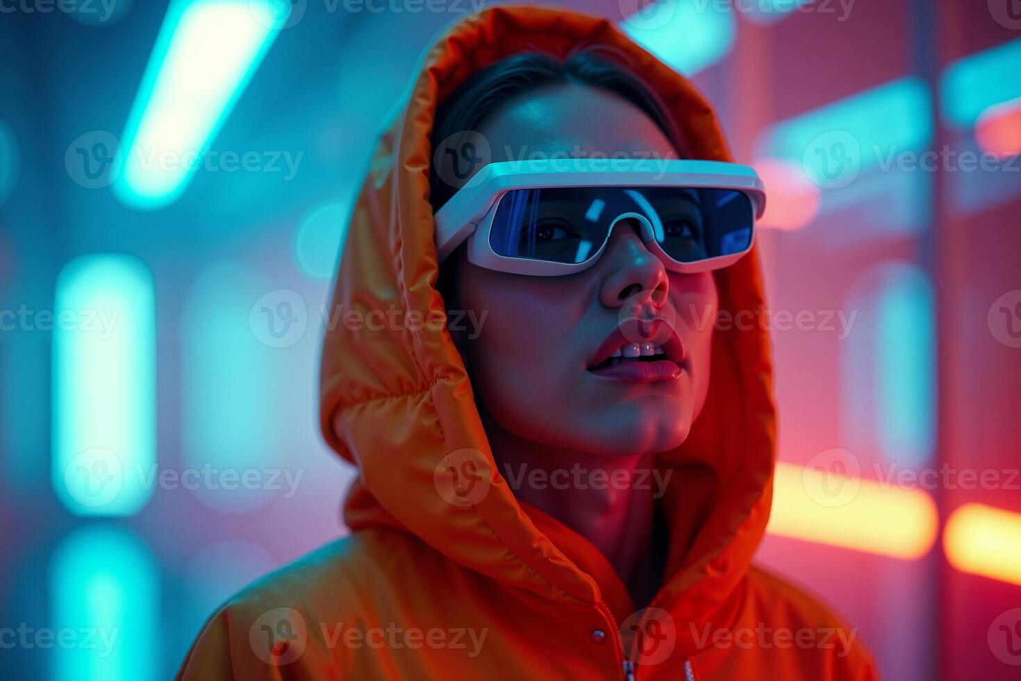 futuristic person with glasses and coat with neon light in background photo
