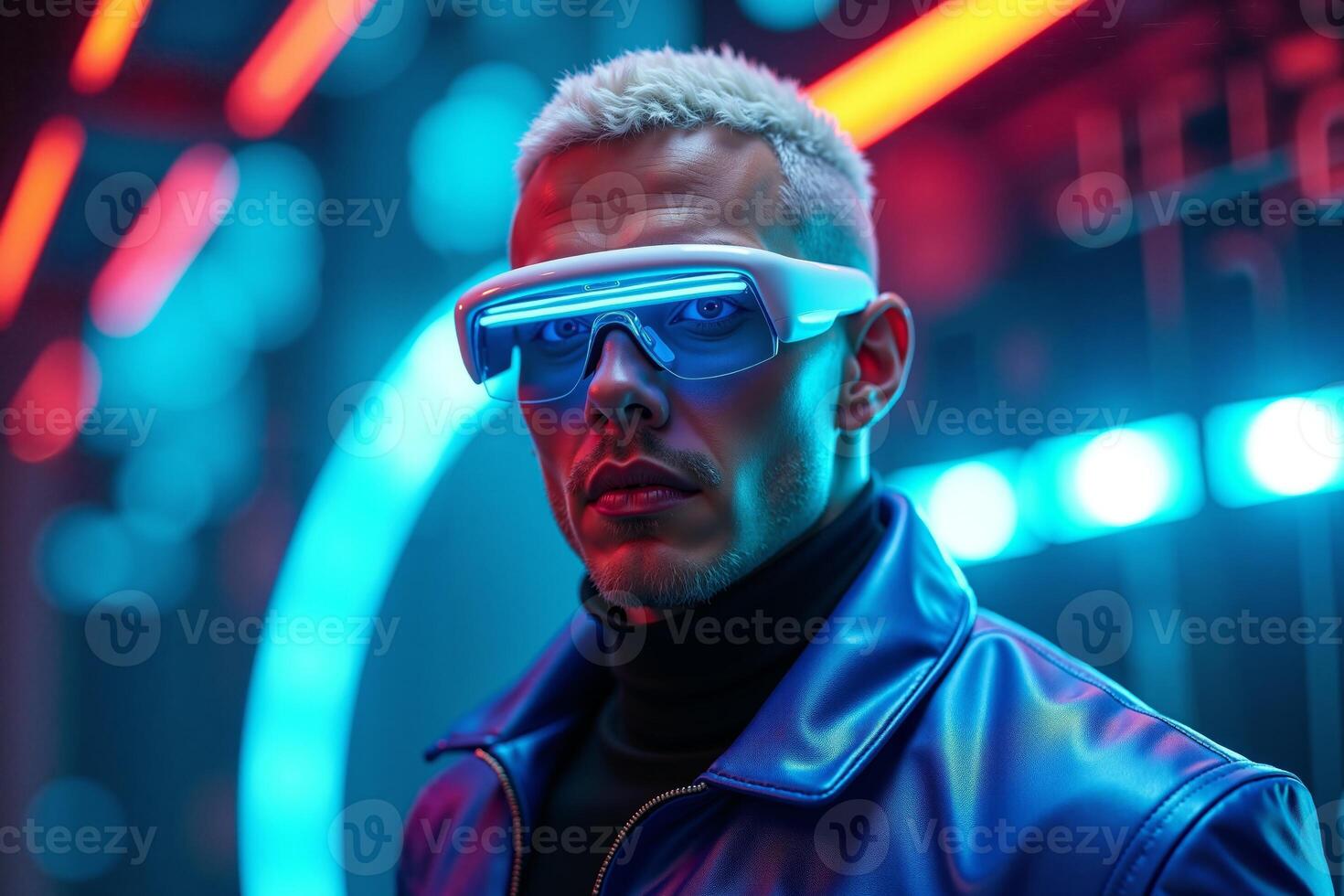 futuristic person with glasses and coat with neon light in background photo