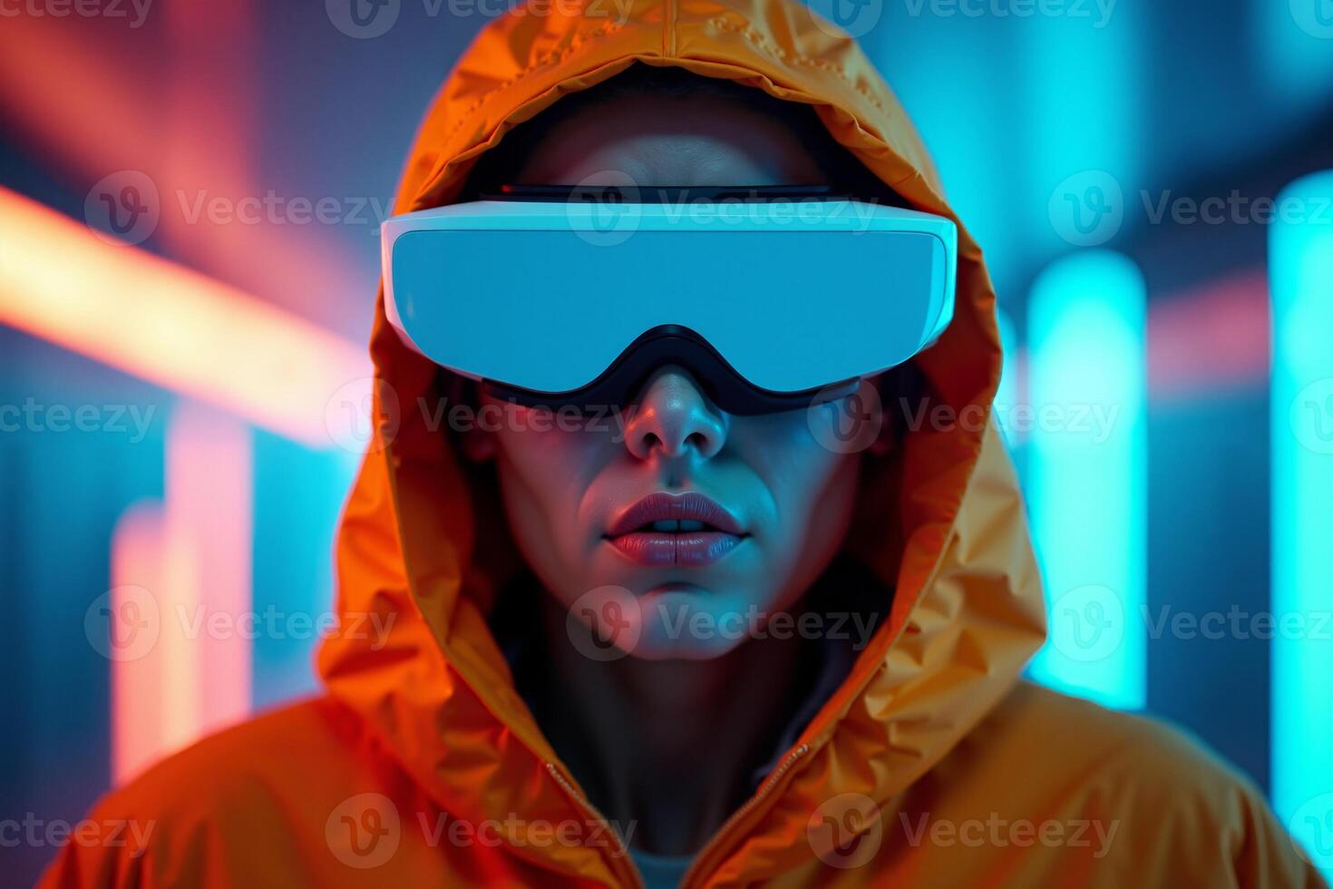 futuristic person with glasses and coat with neon light in background photo