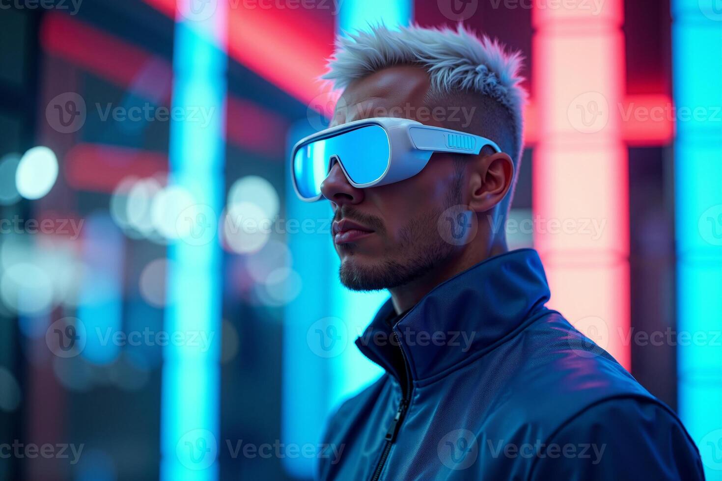 futuristic person with glasses and coat with neon light in background photo