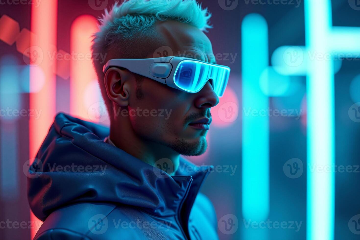 futuristic person with glasses and coat with neon light in background photo