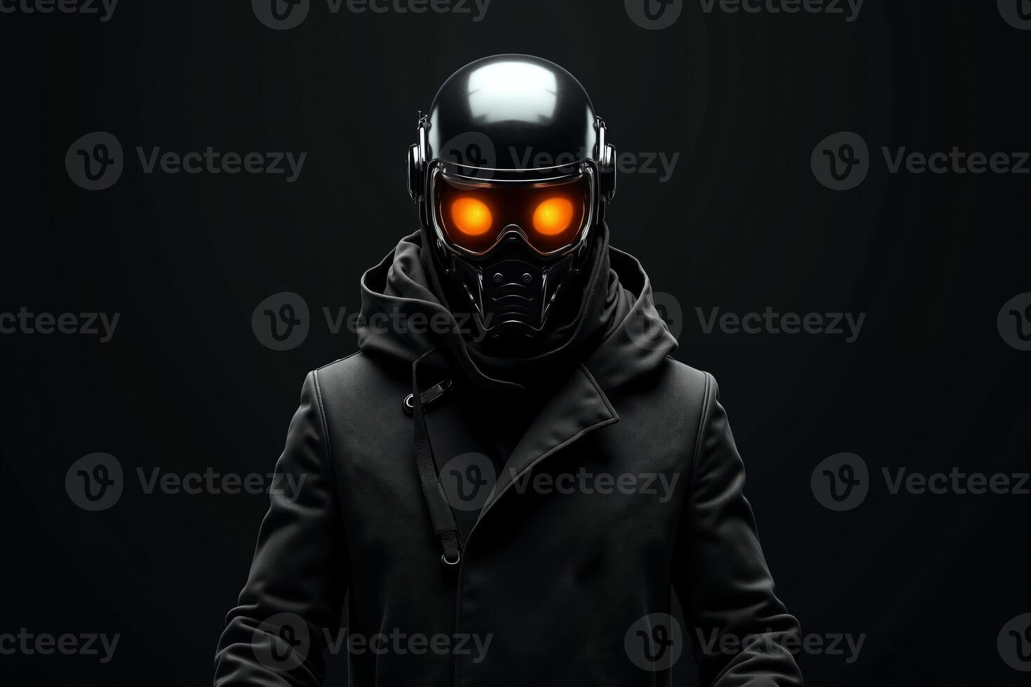 person with helmet glasses and coat jacket on black background photo