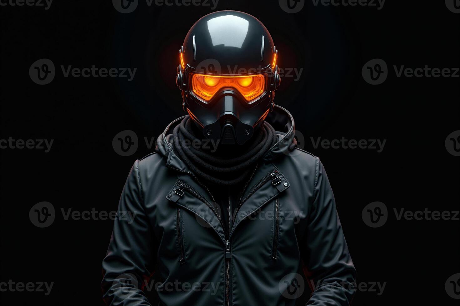 person with helmet glasses and coat jacket on black background photo