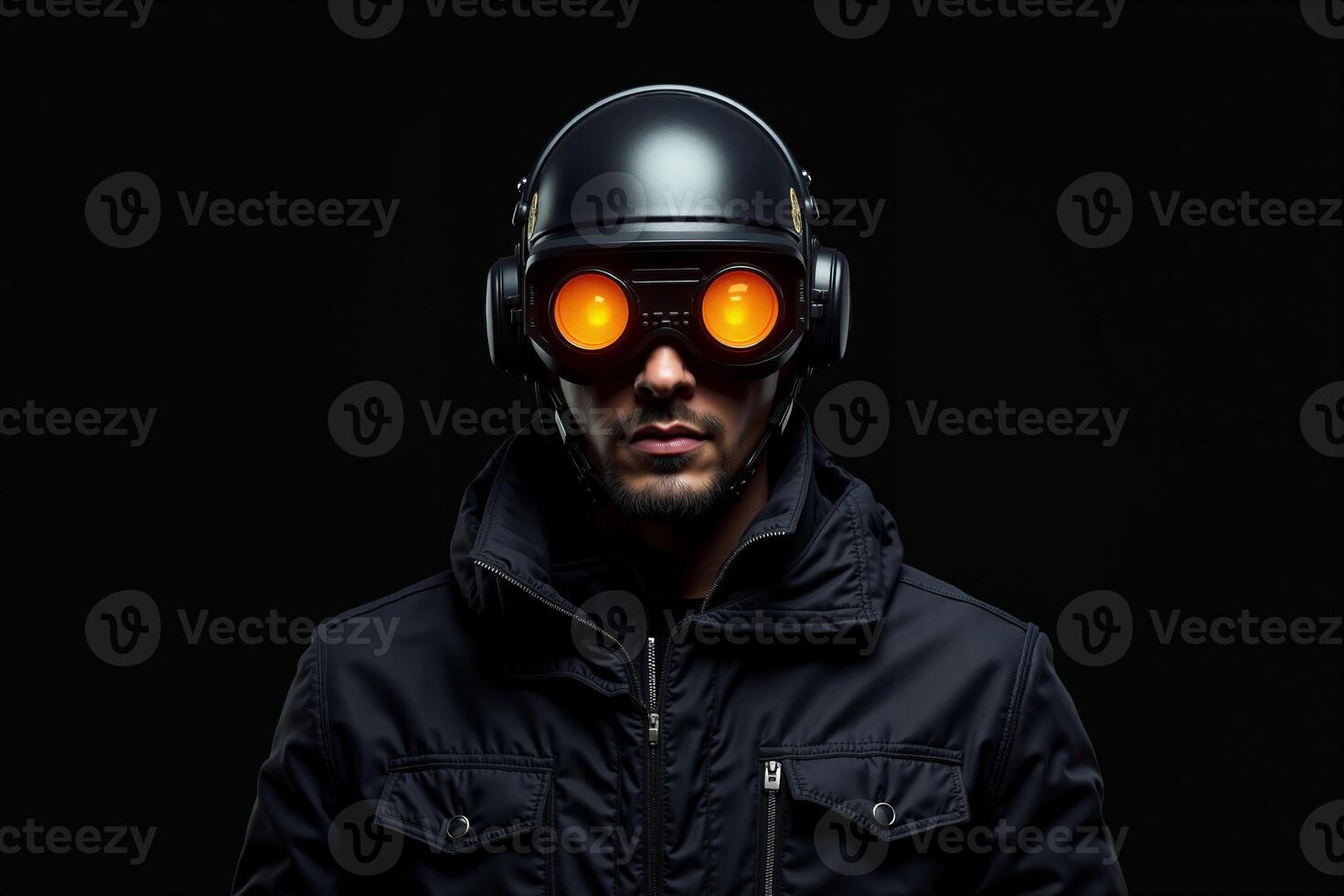 person with helmet glasses and coat jacket on black background photo
