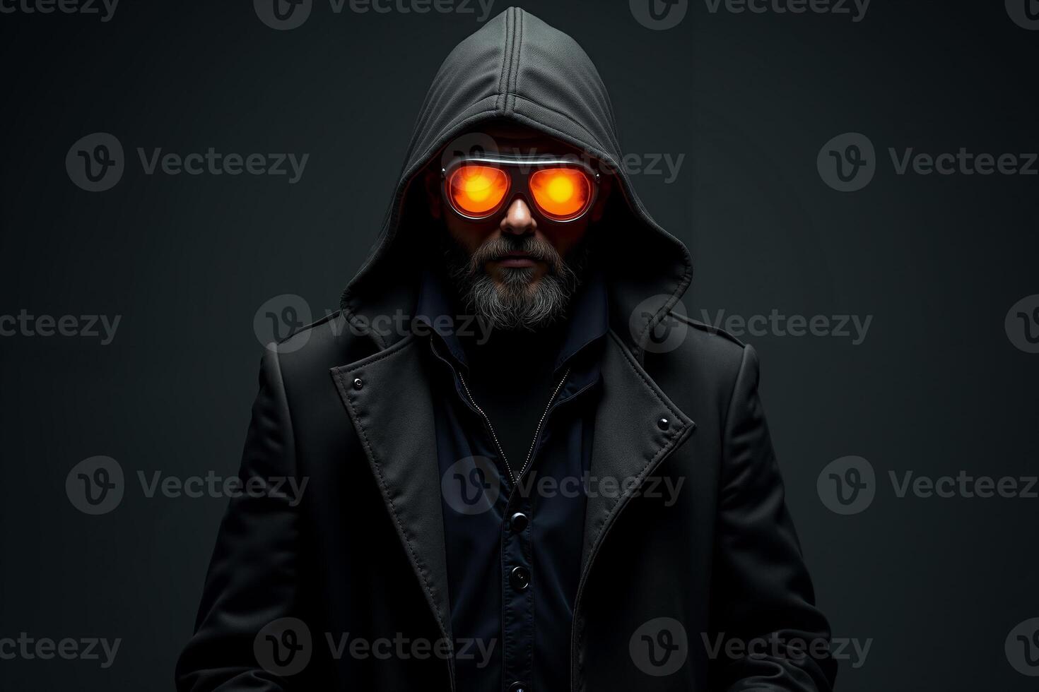person with helmet glasses and coat jacket on black background photo