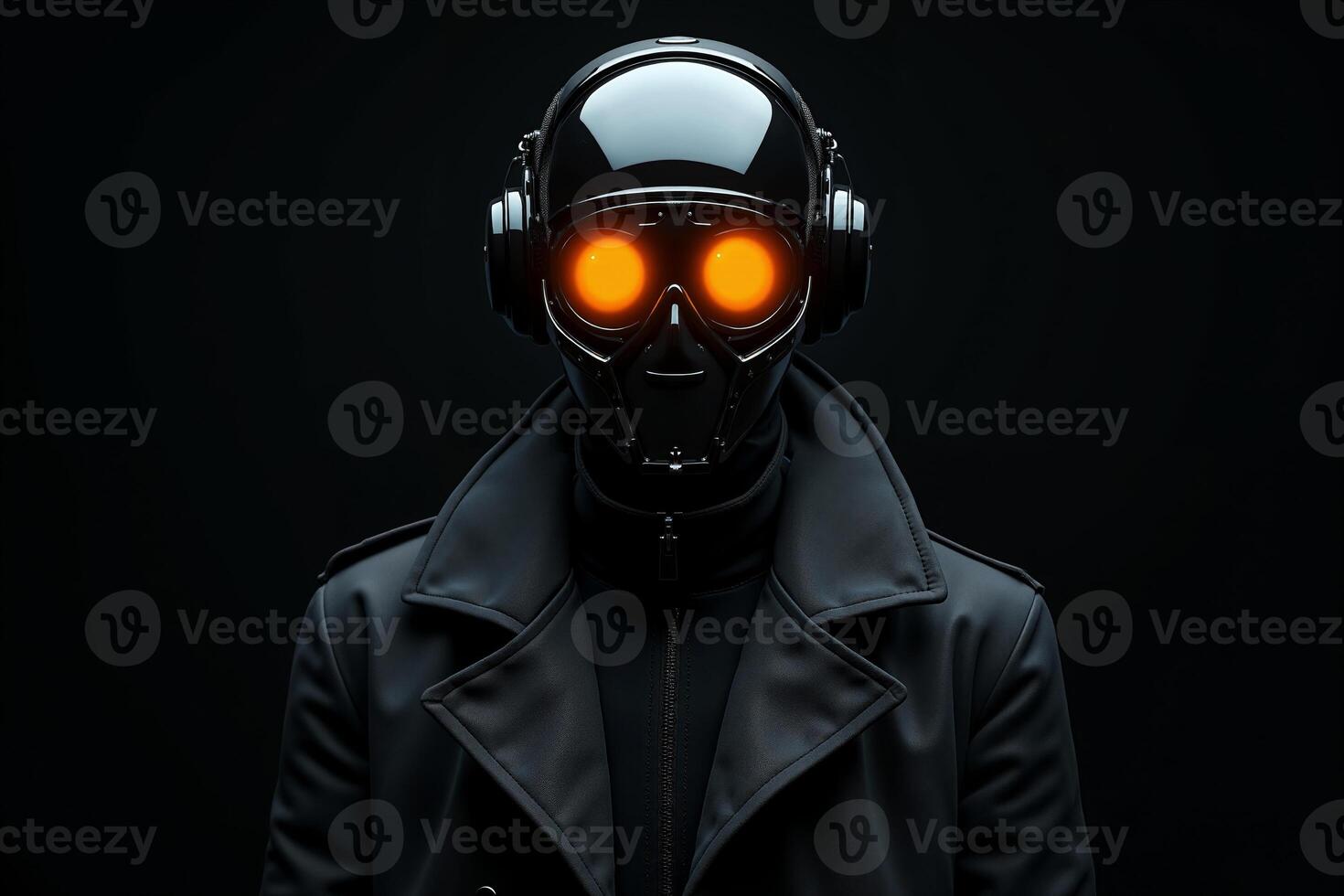 person with helmet glasses and coat jacket on black background photo