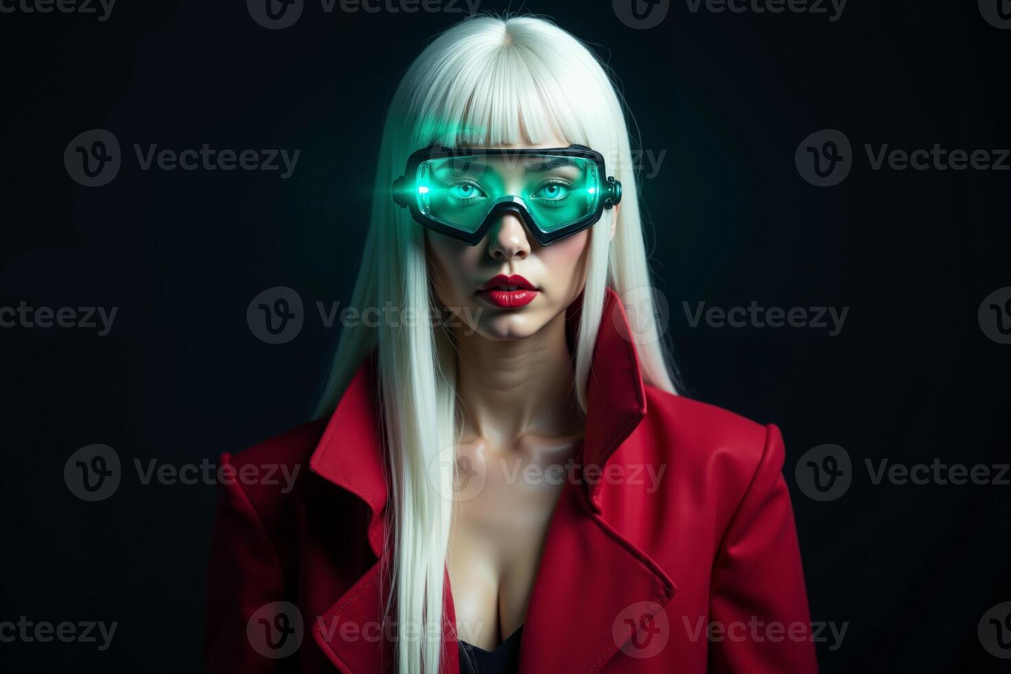 person with helmet glasses and coat jacket on black background photo