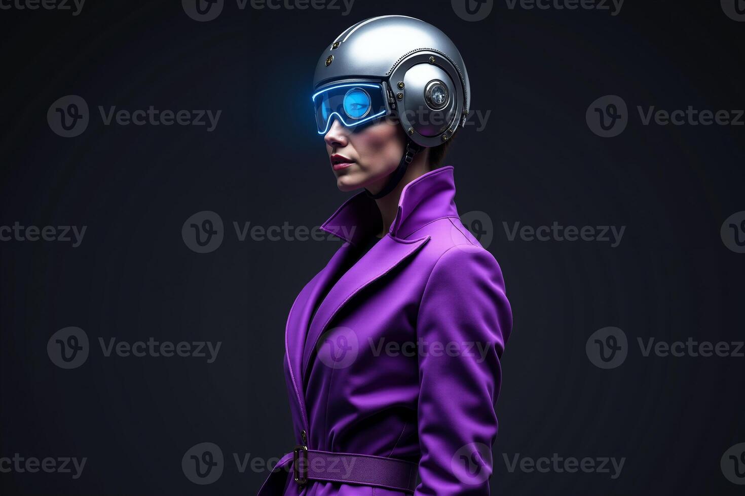 person with helmet glasses and coat jacket on black background photo