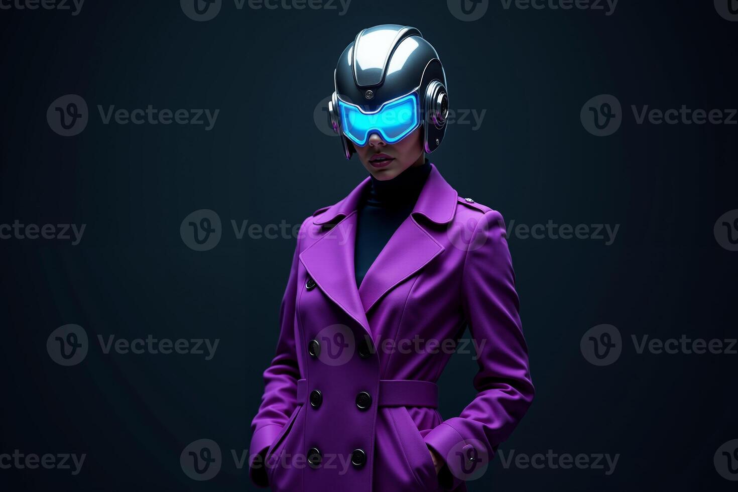 person with helmet glasses and coat jacket on black background photo