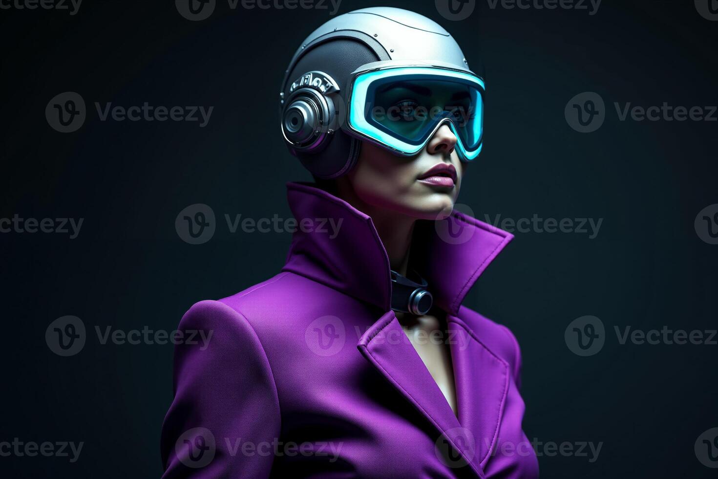 person with helmet glasses and coat jacket on black background photo