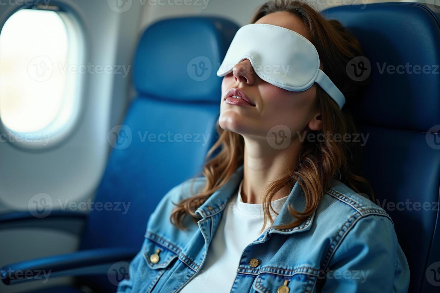 person sitting relax with blindfold and window plane in background photo
