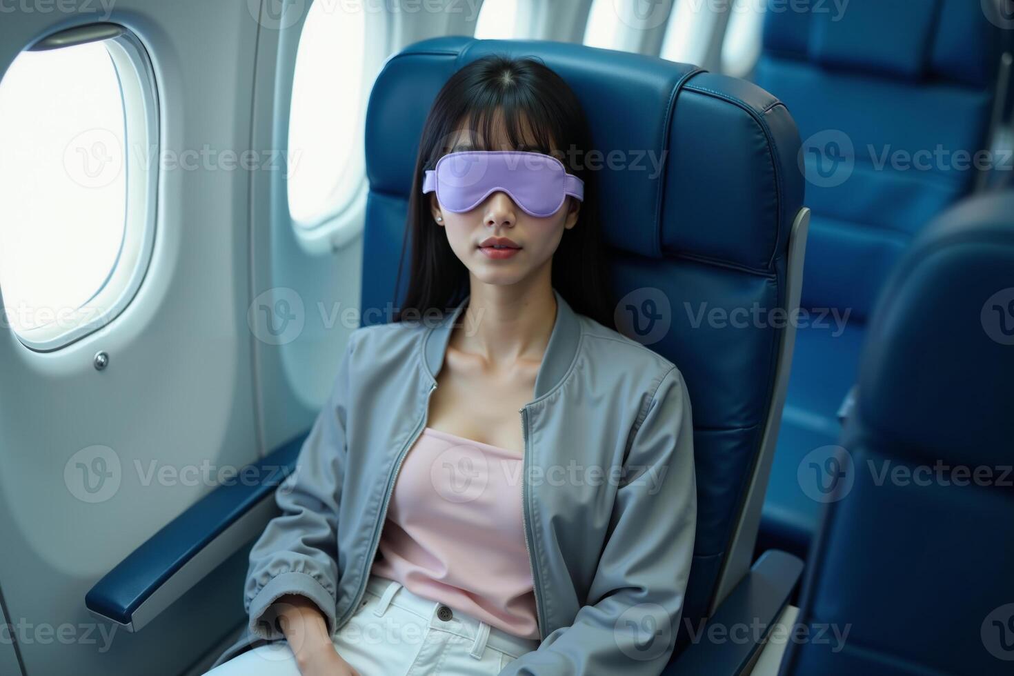 person sitting relax with blindfold and window plane in background photo