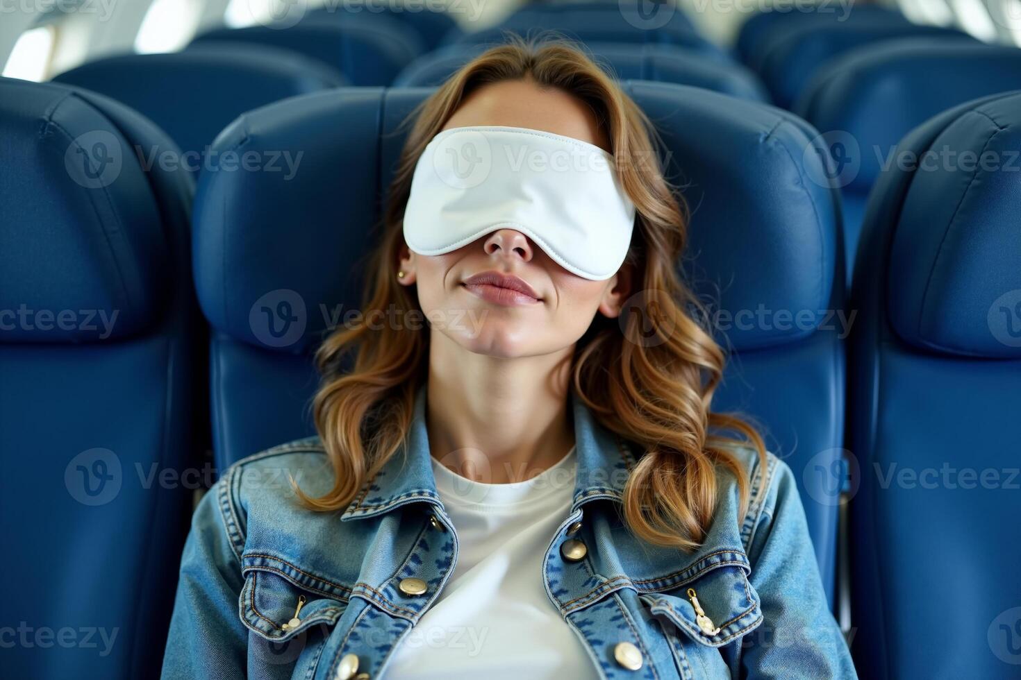 person sitting relax with blindfold and window plane in background photo