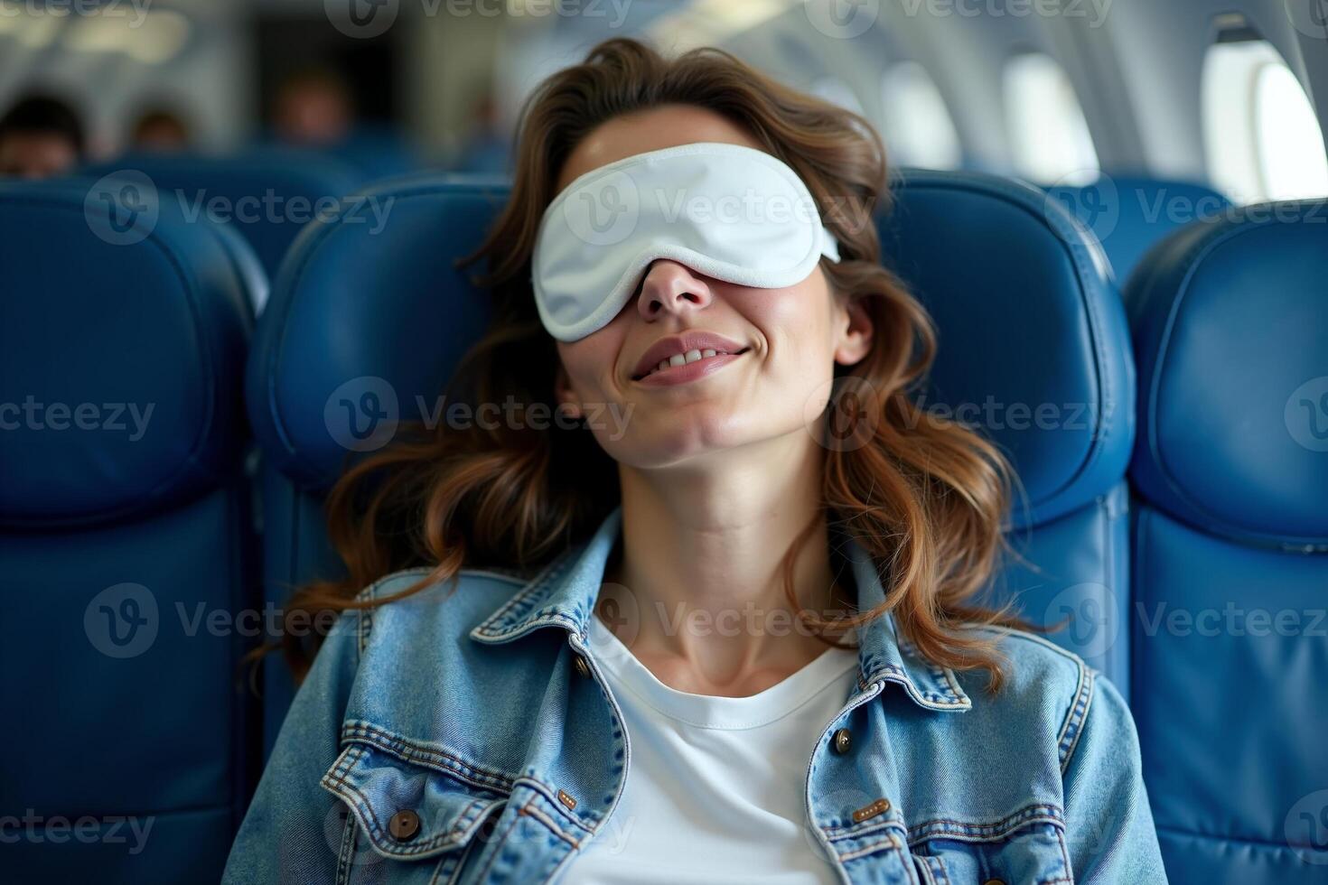 person sitting relax with blindfold and window plane in background photo