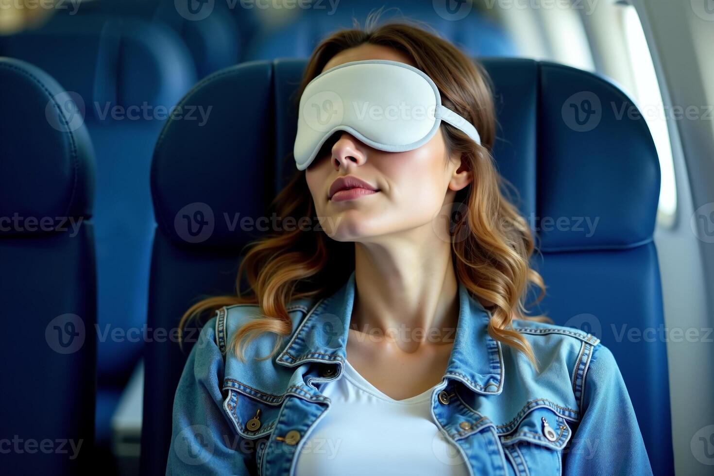 person sitting relax with blindfold and window plane in background photo