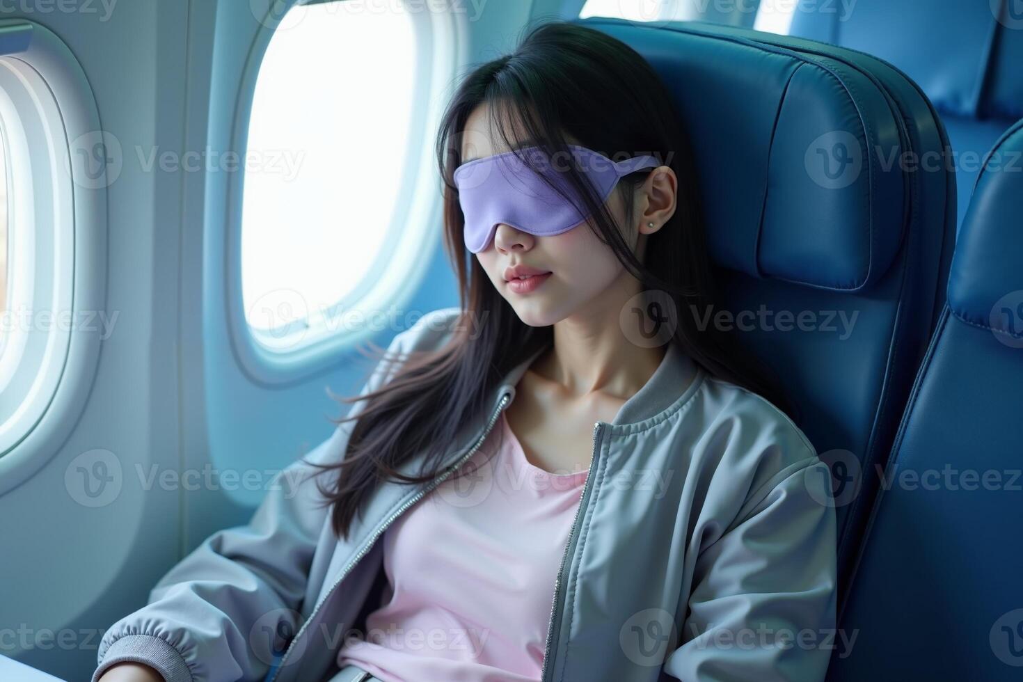 person sitting relax with blindfold and window plane in background photo