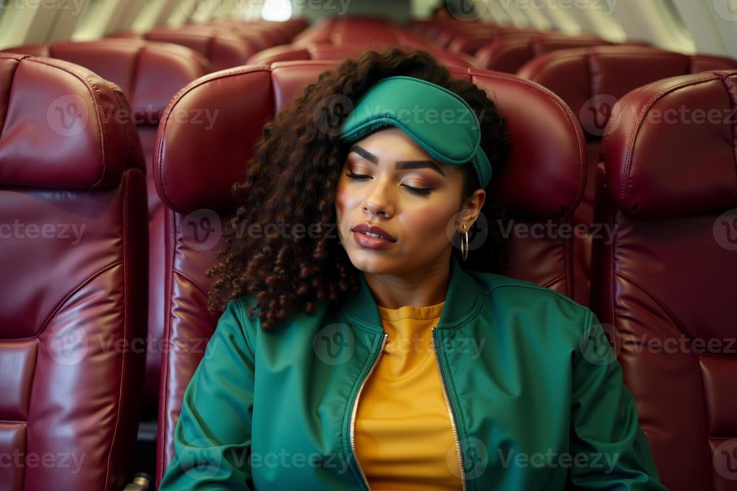person sitting relax with blindfold and window plane in background photo