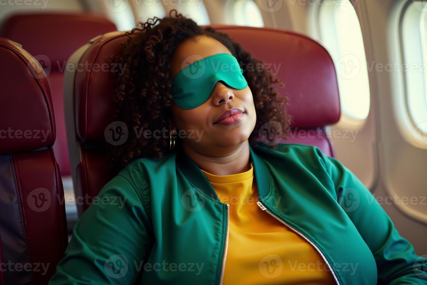 person sitting relax with blindfold and window plane in background photo