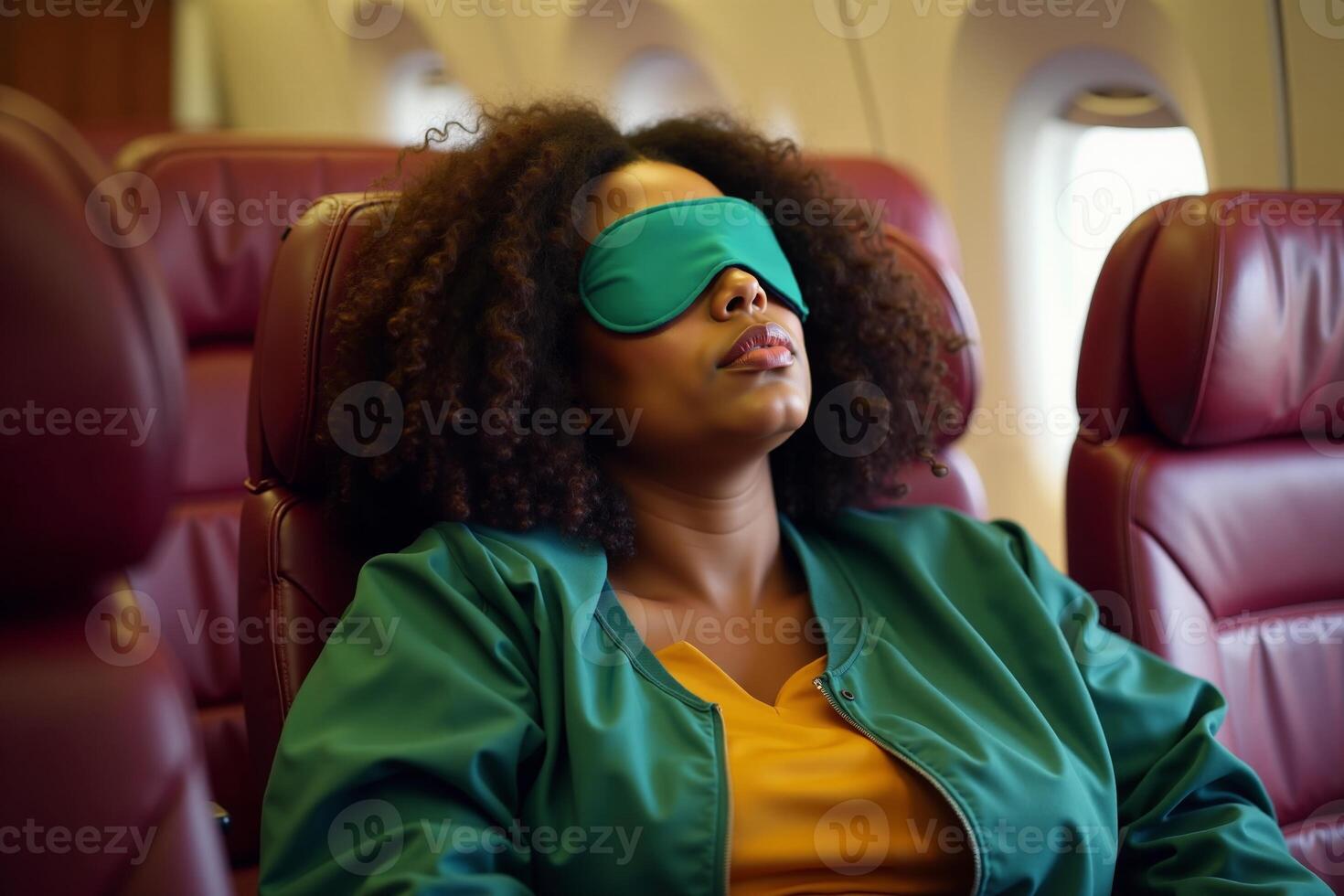 person sitting relax with blindfold and window plane in background photo