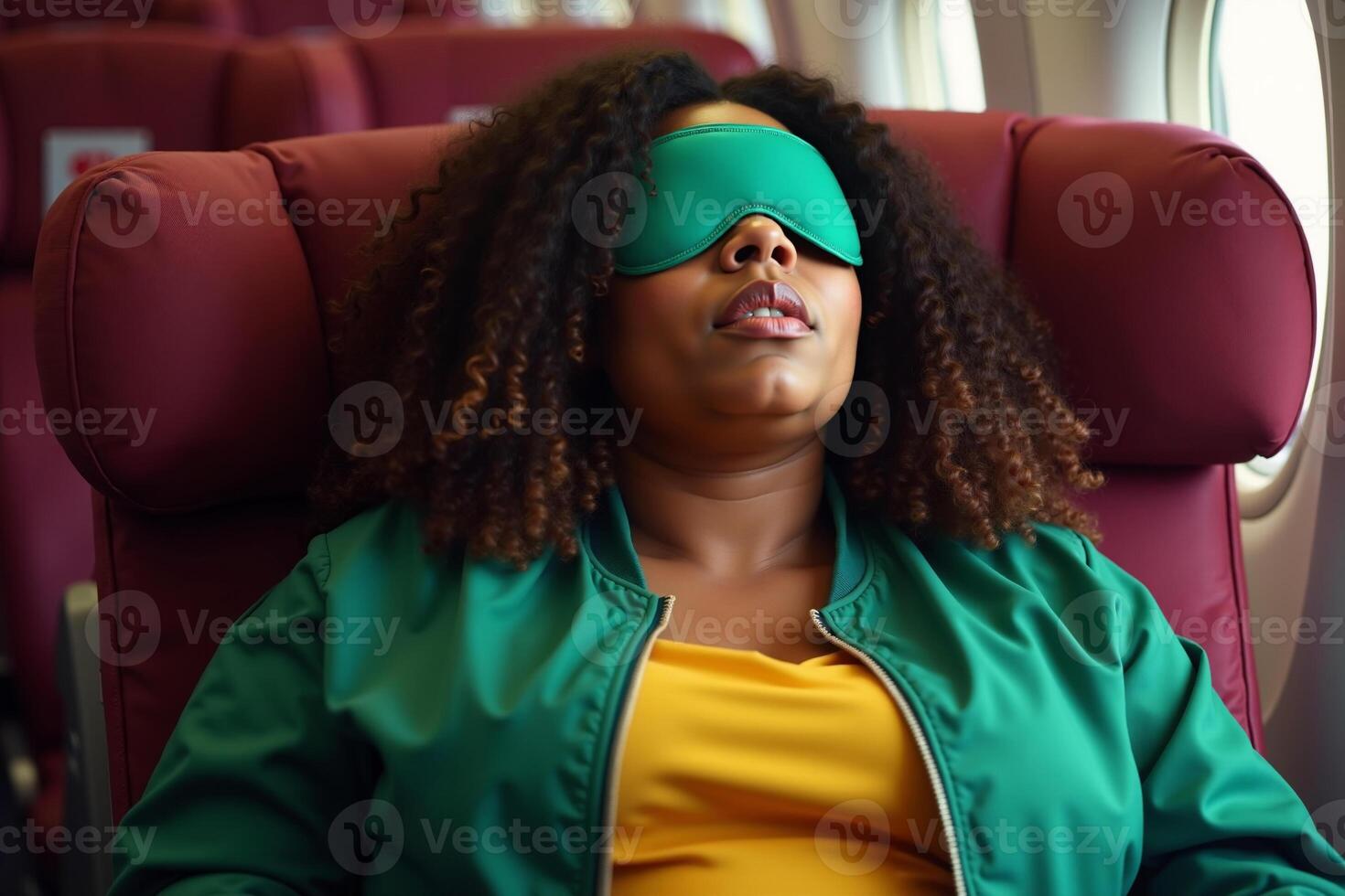 person sitting relax with blindfold and window plane in background photo