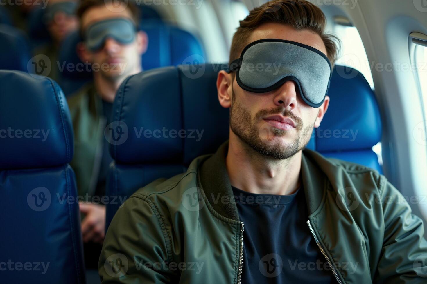 person sitting relax with blindfold and window plane in background photo