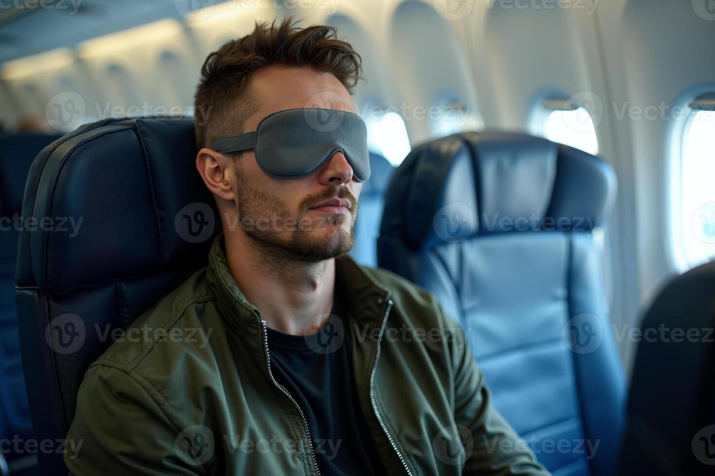 person sitting relax with blindfold and window plane in background photo