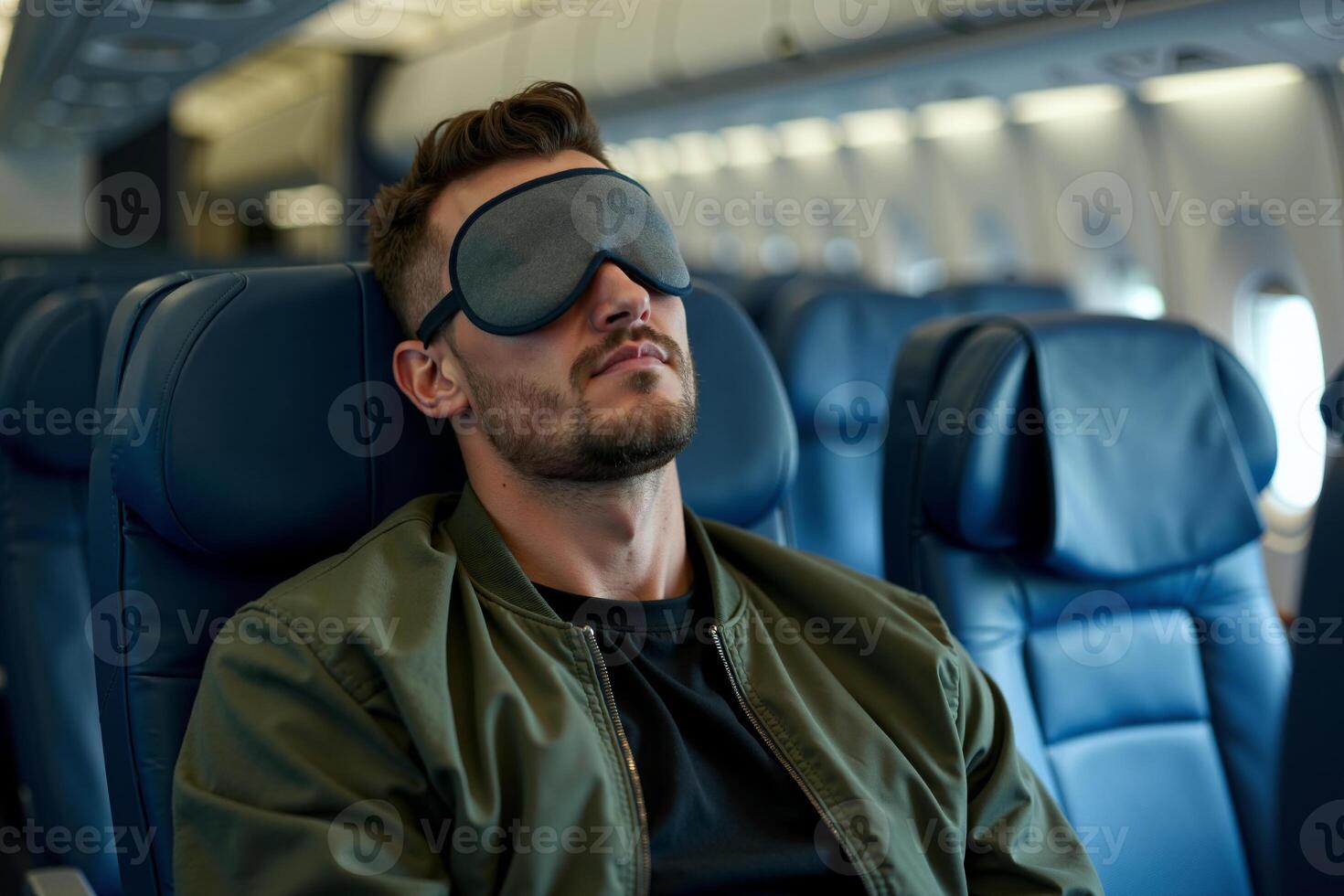 person sitting relax with blindfold and window plane in background photo