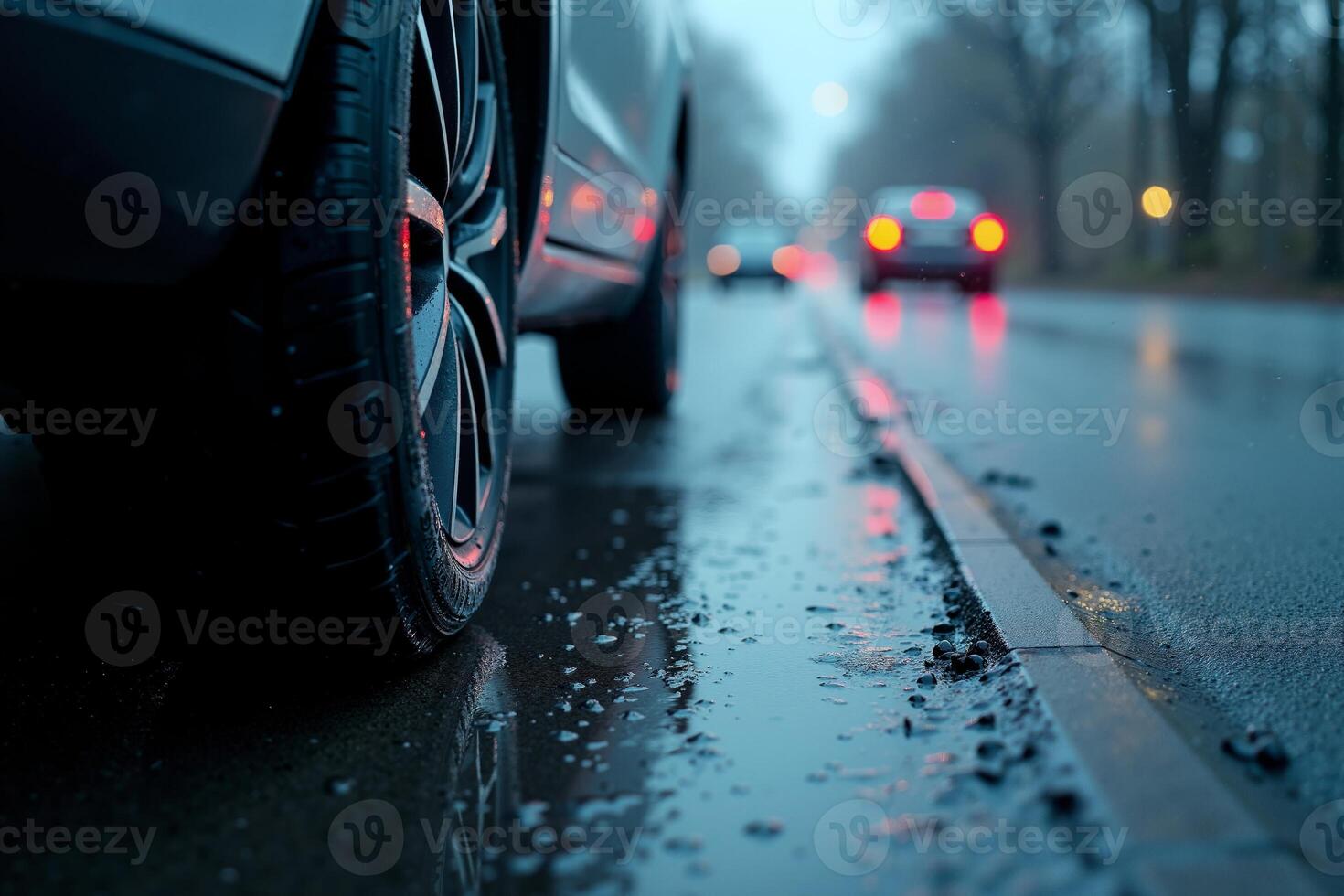 wheel tire of car with rain drop water at night photo