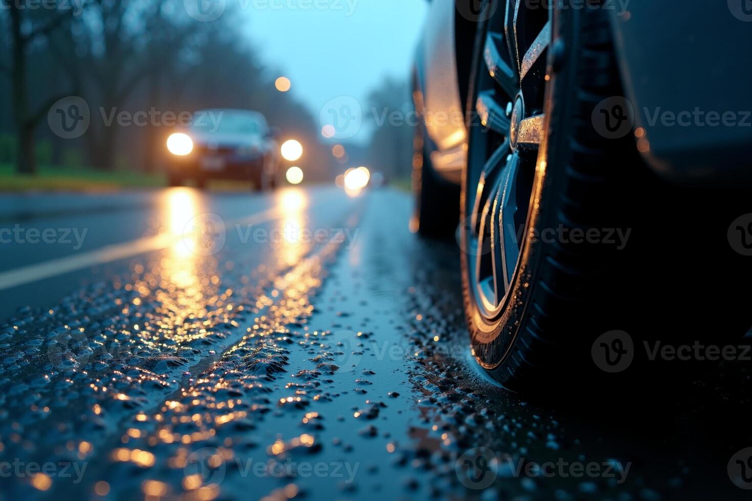wheel tire of car with rain drop water at night photo