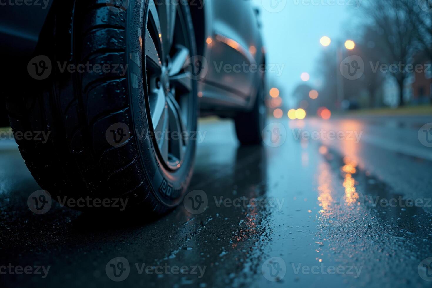 wheel tire of car with rain drop water at night photo