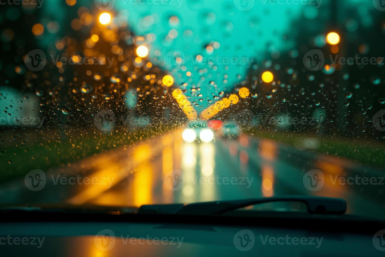 windscreen of car with rain drop water at night photo