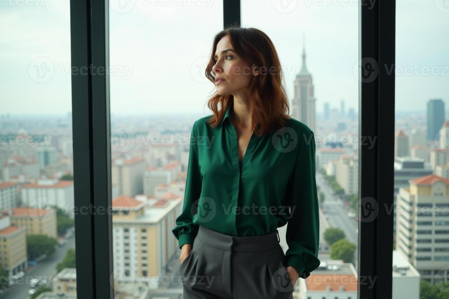 person executive standing and thinking with building tower in background at the office photo